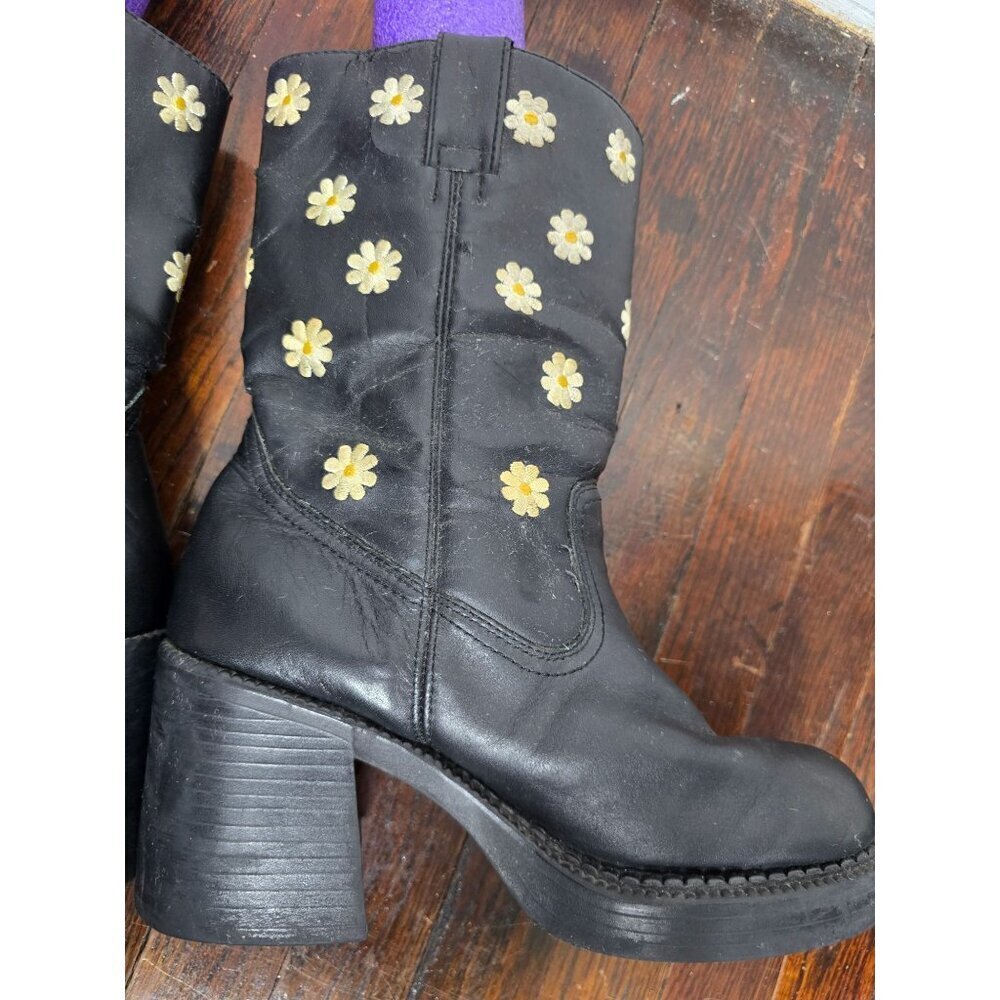 Vintage 90s Y2K Black Daisy Sketchers Grunge Mid-Calf Boots - Picture 4 of 16